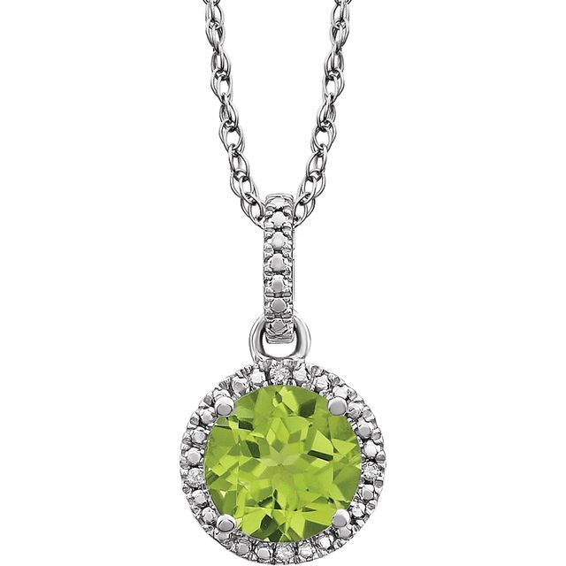 August Peridot Round .01 CTW Diamond Halo Birthstone Solitaire Necklace in .925 Sterling Silver